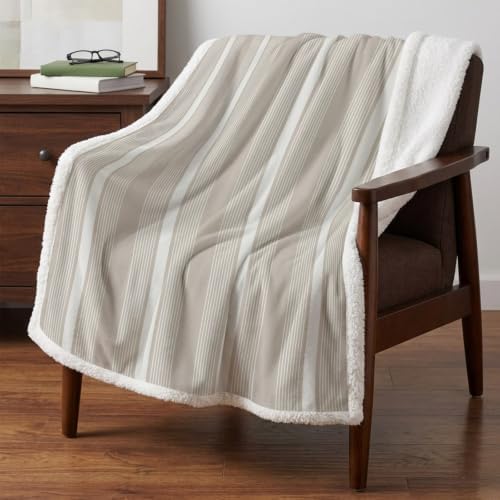 Fleece Sherpa Bed Blankets, Gray Brown Striped Microfiber Plush