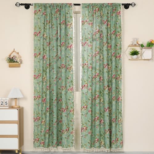 1 Pair Floral on Green Linen Curtains Rustic Country Style Light