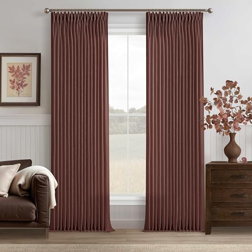 Chestnut Brown Thick Linen Pleated Light Filtering Curtains 96 Inch