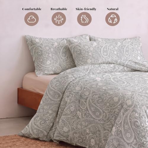 Linen Cotton Duvet Cover Set King Size, Grey Paisley Bedding Set