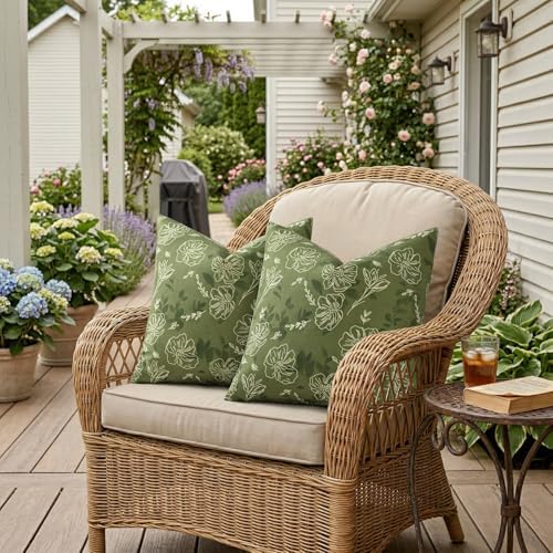 decorUhome Floral Faux Linen Throw Pillow Covers 22x22 Set of 2 Olive