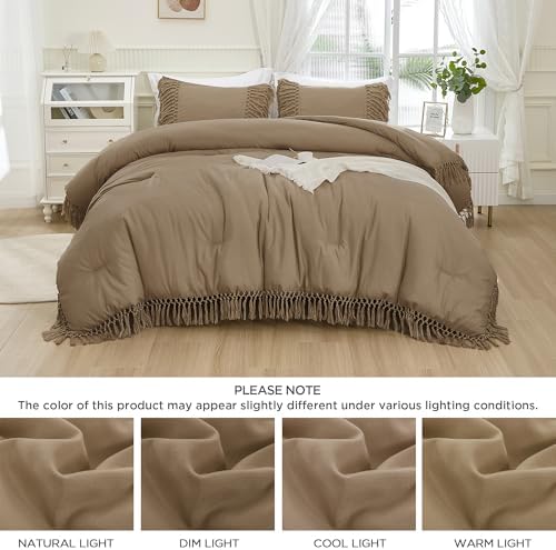 Andency Taupe Comforter Set King, 3 Pieces Boho Tassel Bedding