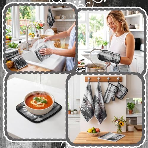 Fourluoo 10 Pcs Gray Kitchen Decor Set Pot Holders Oven Mitts Towels