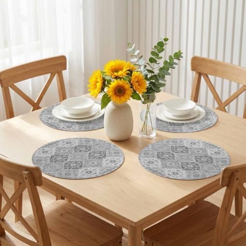 Vintage Gray Flower Texture Leather Placemats Set of 6, 15 Inch