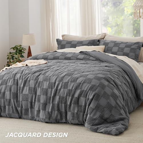 Bedsure Dark Grey Comforters Queen Set, Boho Soft Plaid Bedding Set