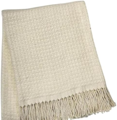 HomeRoots 50" X 67" Cream Cotton Blend Woven Throw Blanket with Fringe