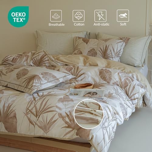 Queen Duvet Cover Set, 100% Cotton Beige Botanical Leaf Printed