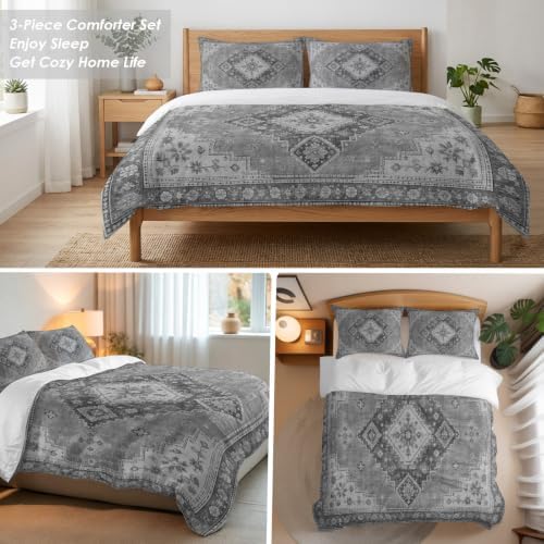 3 Pieces Bedding Set Full Size, Grey Boho Soft Duvet Covers Set with