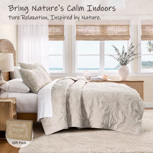 WDCOZY Beige Leaf Embroidered Quilt Set, Queen Size, Lightweight
