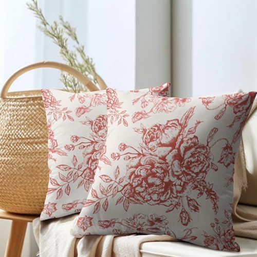 Red Cream Flowers Pillow Covers 18x18 Inch 2 Packs Chinoiserie Red and