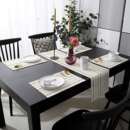 Teamery Table Runner for Kitchen Decor, Beige White and Brown Stripes