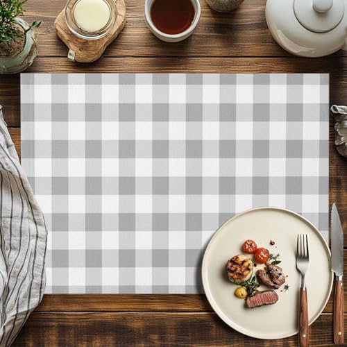 Placemats Set of 8, Grey Plaid Cotton Linen Place Mats, Gradient