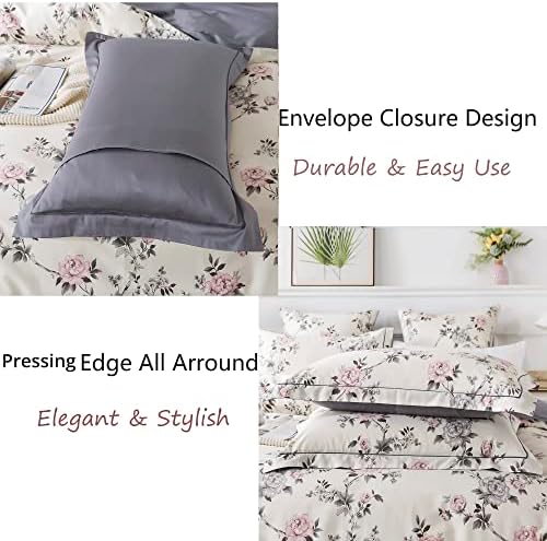 FADFAY Duvet Cover Set Queen Vintage Rose Floral Bedding Shabby Grey