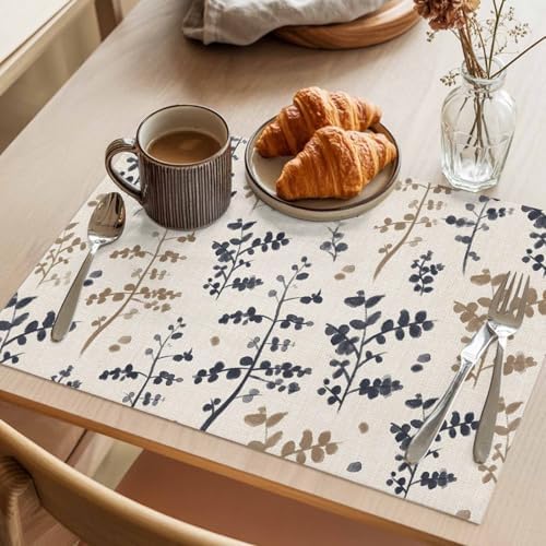 Placemats Set of 8, Grey Brown Botanical Woven Placemat, Linen Place