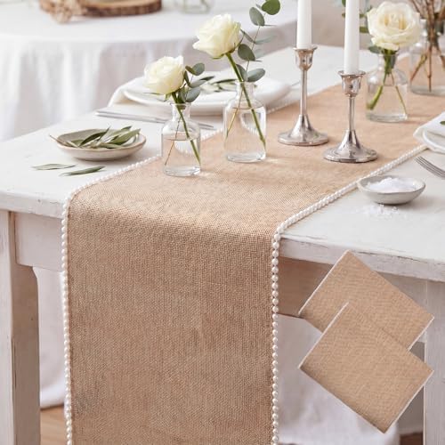 Breling 2 Pcs Burlap Pearl Table Runner 12 X 72 Inch, Rustic Boho