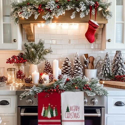 Merry Christmas Kitchen Towels Set of 2 Red Xmas Tree 18x26 inch