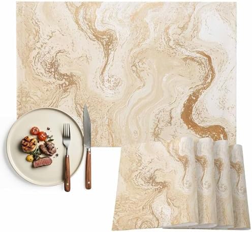 Placemats Set of 6, Beige Marble Cotton Linen Place Mats, Chic Neutral
