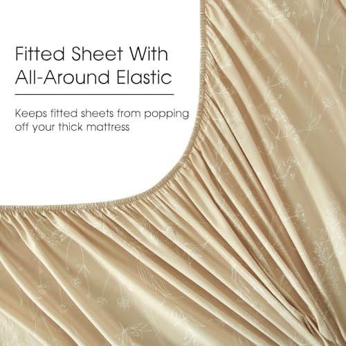 HYPREST Beige Sheets California King, 18" Deep Pocket, Floral Pattern