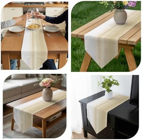 Beige White Stripes Table Runner Linen Burlap Table Runner 72 Inches