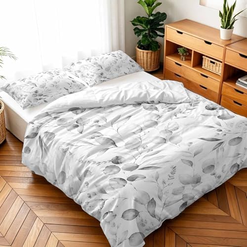 3 Pieces Duvet Cover Gradient Gray Eucalyptus Leaf Luxury Soft