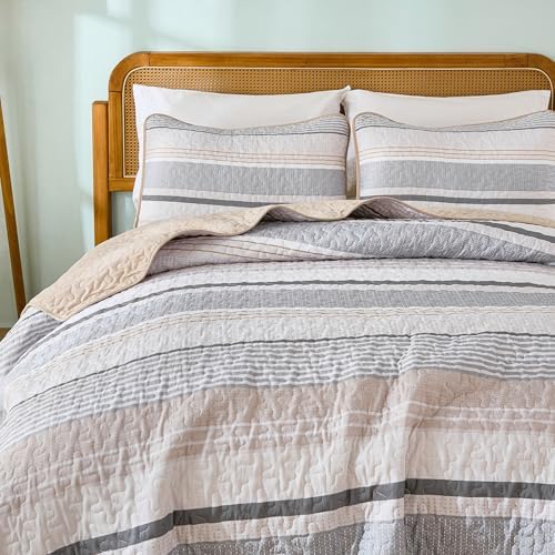 Dintszyayue Quilt King Size Khaki Grey, 3 Pcs Boho Striped Bedspread