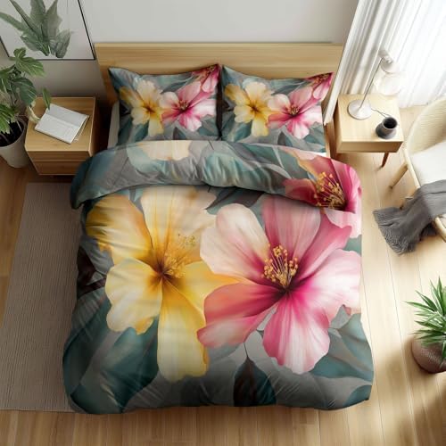 Duvet Cover Set Zipper Closure Gray Queen Quilt Cover Set Tropical