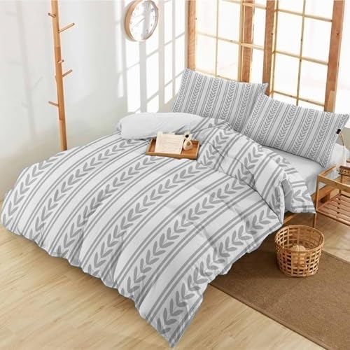 Duvet Cover Set Queen, Modern Rustic Boho Leaves Stripe 3 Piece