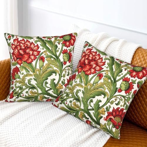 Vintage Floral Decorative Pillow Covers 18x18 Set of 2 Red Flower