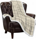 Beige Grid Gingham Sherpa Fleece Blanket Abstract Modern Minimalist