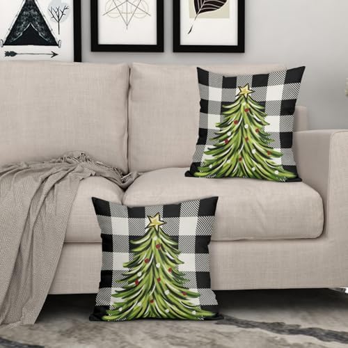 Black Christmas Plaid Pillow Covers 22x22 Inch Set of 2 Xmas Tree