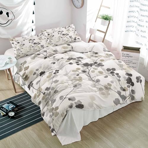 Duvet Cover Set Full, Gray Brown Botanical Watercolor 3 Piece Bedding
