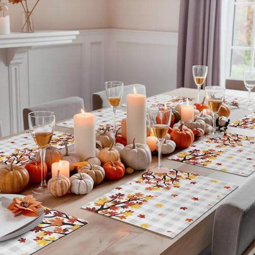 Maple Leaves Fall Placemats Set of 8, Cotton Linen Fabric Place Mats