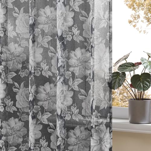 Black Sheer Floral Curtains 72 Inch Length 2 Panels for Bedroom Modern