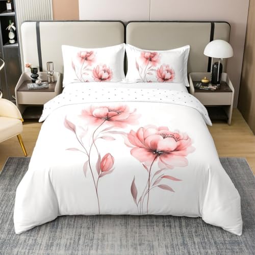 Blush and Grey Flower 100% Cotton Duvet Cover Set Queen