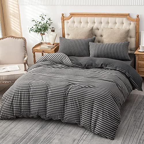 PURE ERA Jersey Duvet Cover Set Charcoal Dark Grey Stripe Queen