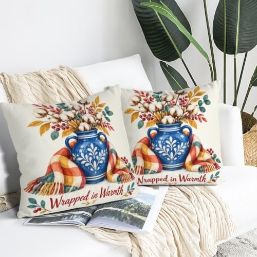 Leaves Plaid House Pillow Covers 22x22 Inch Set of 2 Linen for Fall