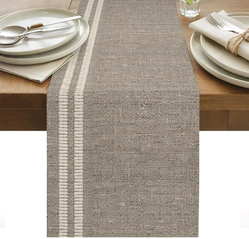 Flax Gray Dining Table Runner Oatmeal Beige Woven Fabric Texture