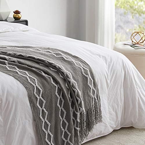BOURINA Knitted Throw Blanket Boho Chenille Outdoor Blanket,Grey