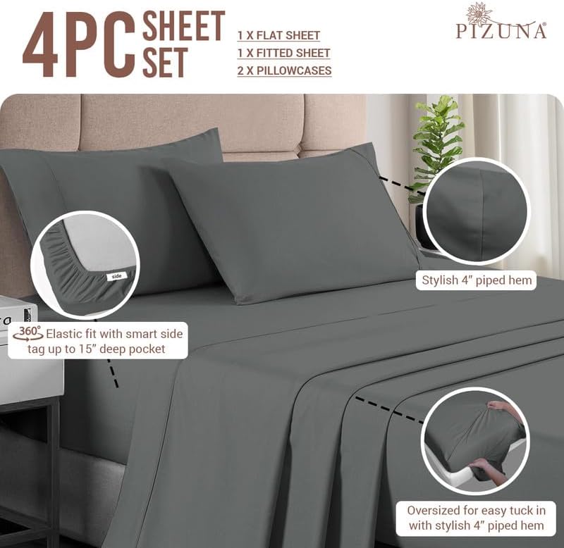 Pizuna 100% Cotton Sheets Set King 400 Thread Count Dark Grey