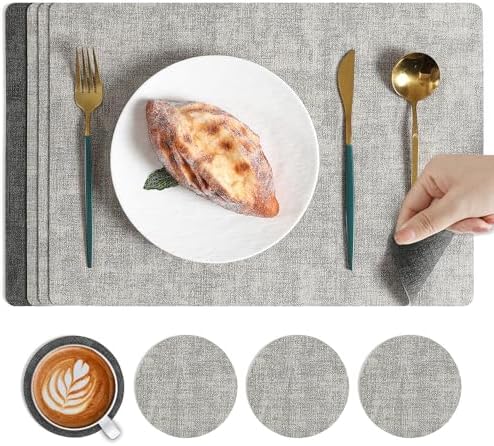 Place Mats Set of 4, Light Gray Leather Table Mats, Washable