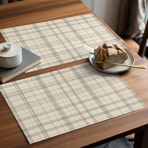 Beige Grid Gingham Placemats Set of 8, Abstract Modern Minimalist Gray