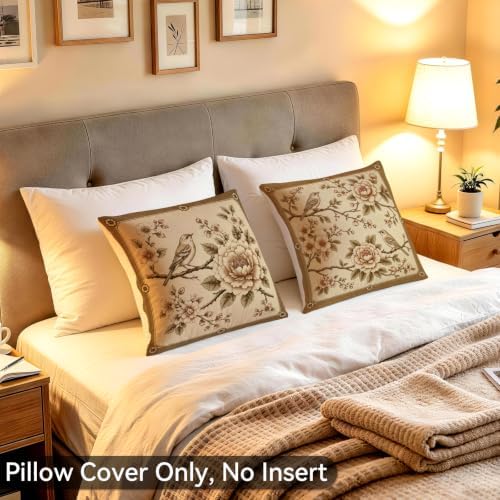 Vintage Beige Rose Bird Throw Pillow Covers Set of 2 18x18 Botanical
