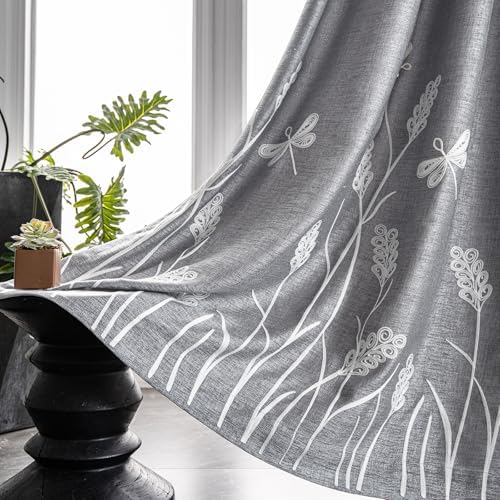 Melodieux Wheat Embroidery Room Darkening Linen Textured Curtains