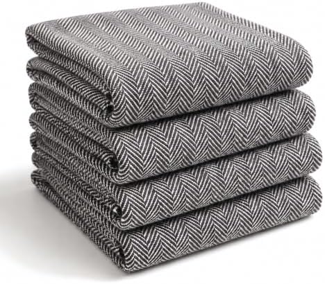 Set of 4 Cotton Herringbone Kitchen Towels, 20" X 26" Brown