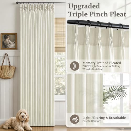 Cream Triple Pinch Pleated Living Room Semi Sheer Curtains 96 Inch 2