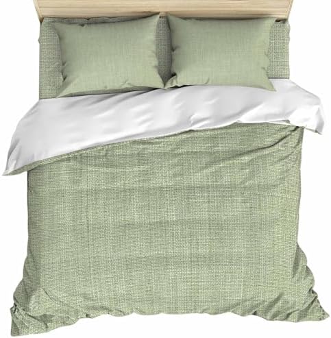 Sage Green Burlap Texture Duvet Cover Set, Farmhouse Vintage Sage