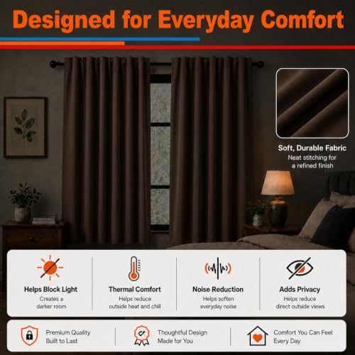 Blackout Window Curtains Thermal Darkening 2Panels Dark Brown-70"x72"