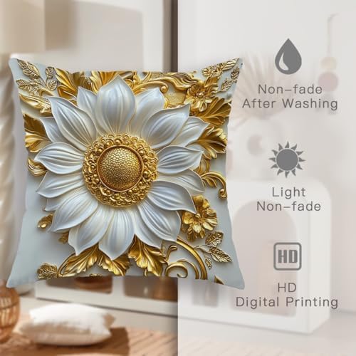 Elegant Floral Pillow Covers Set of 2, White and Gold 3D Flower Throw
