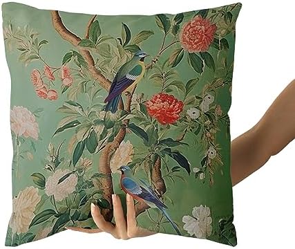 Green Chinoiserie Pillow Cover 20x20 Inch Vintage Bird Flower Throw