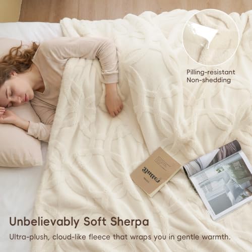 PHF Soft Sherpa Fleece Blanket King, Tufted Jacquard, 01-Cream